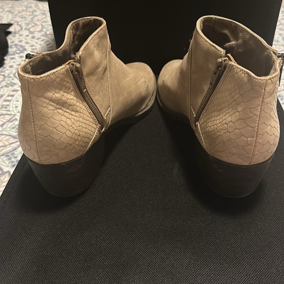 Tan suede ankle booties from StitchFix. Size 10. Snake print detail on heel. - Picture 2 of 5